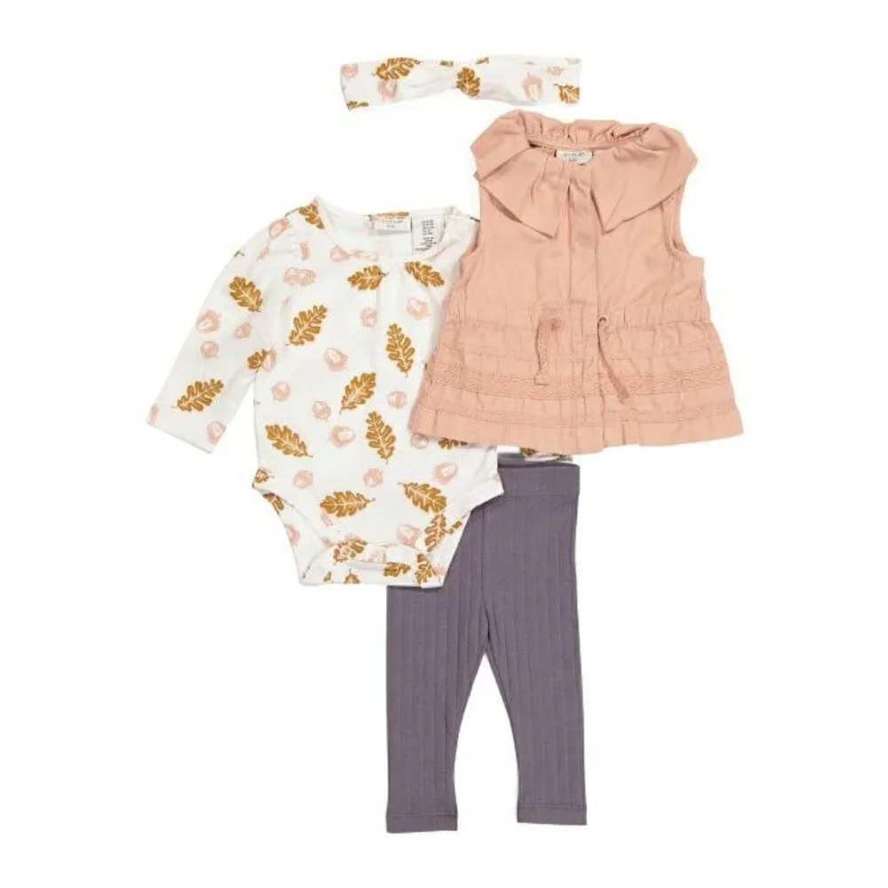 ASPEN & PINE Newborn Girls 3pc Twill Vest & Leggings Set Pink/Ivory | 3-6M